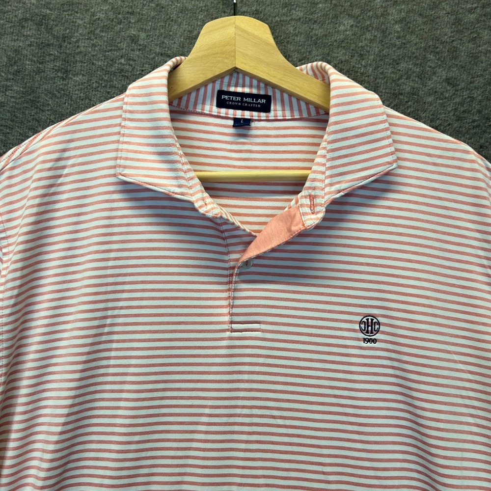 Peter Millar Crown Crafted Mens Large Pink White Striped Golf Polo Shirt